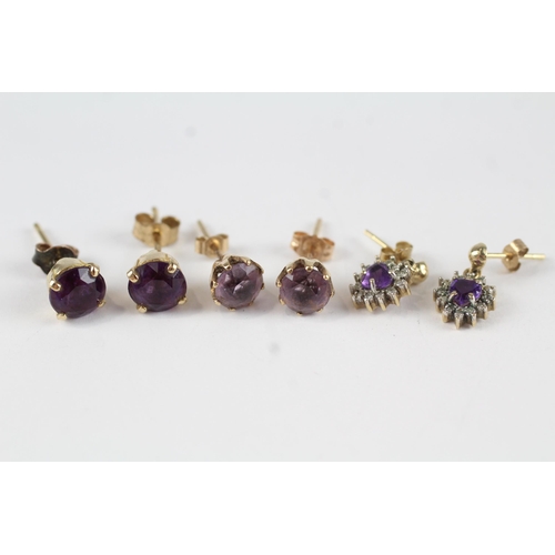 138 - 3x 9ct gold amethyst & diamond stud earrings (4.3g)