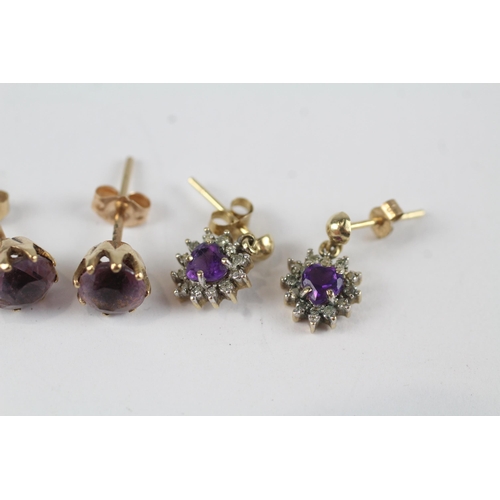 138 - 3x 9ct gold amethyst & diamond stud earrings (4.3g)