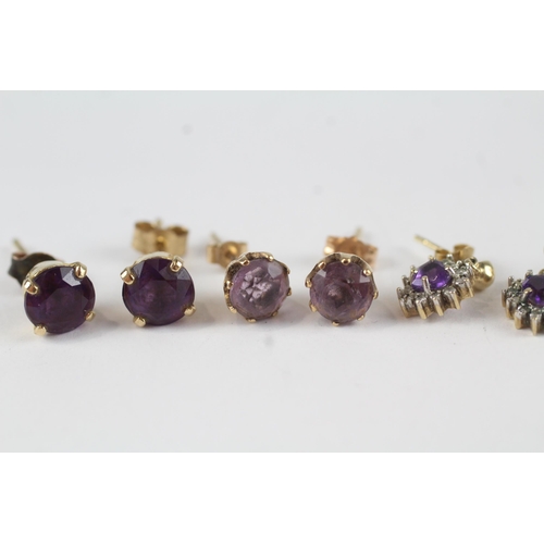 138 - 3x 9ct gold amethyst & diamond stud earrings (4.3g)