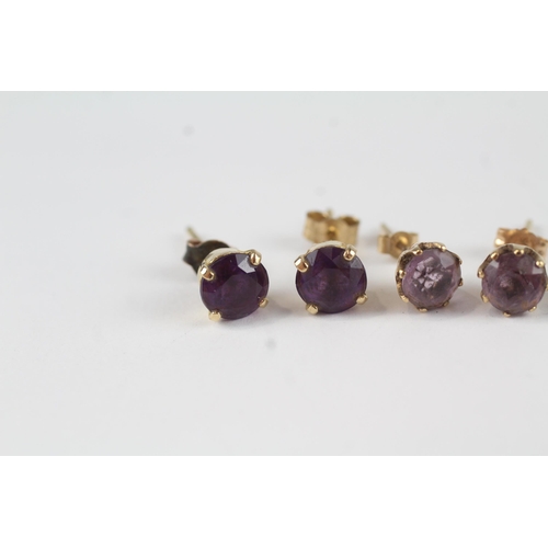 138 - 3x 9ct gold amethyst & diamond stud earrings (4.3g)