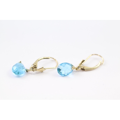 142 - 9ct gold briolette cut blue topaz drop earrings (1.9g)