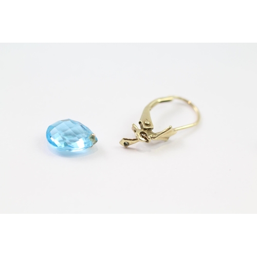 142 - 9ct gold briolette cut blue topaz drop earrings (1.9g)