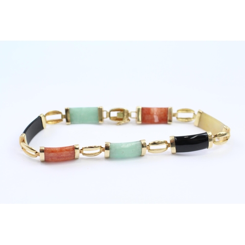 149 - 14ct gold vari-hue jade & onyx oriental style panel bracelet (8.8g)