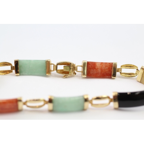 149 - 14ct gold vari-hue jade & onyx oriental style panel bracelet (8.8g)