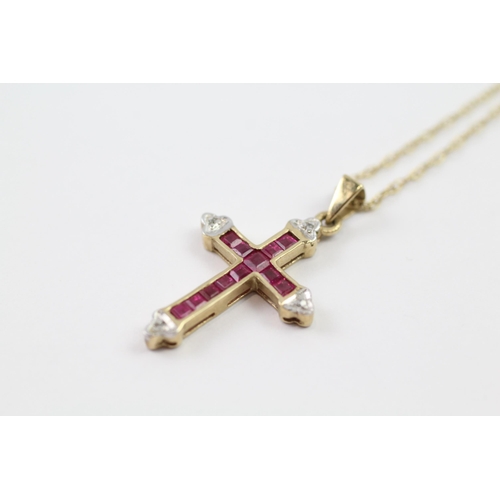 17 - 9ct gold ruby & diamond cross pendant & chain (2.3g)