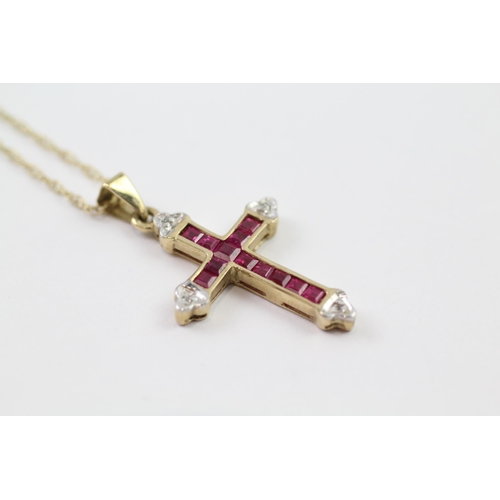 17 - 9ct gold ruby & diamond cross pendant & chain (2.3g)