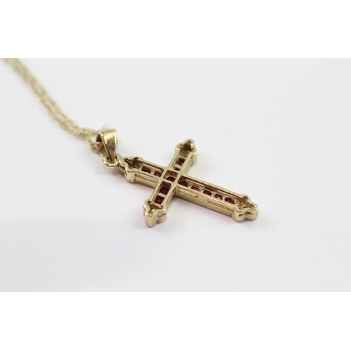 17 - 9ct gold ruby & diamond cross pendant & chain (2.3g)