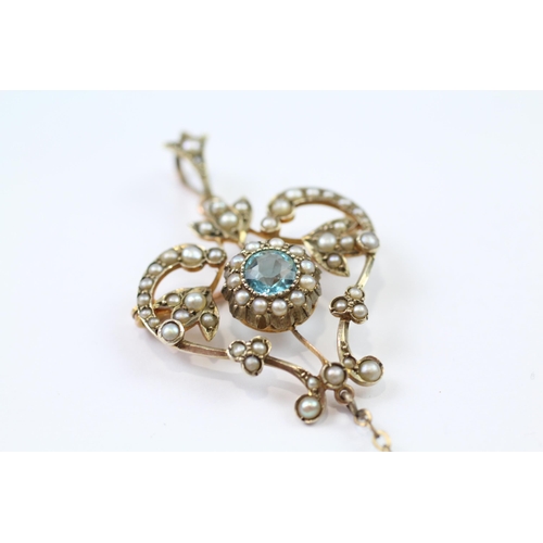 27 - 9ct gold Edwardian blue paste & seed pearl brooch (4.8g)