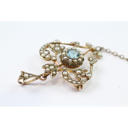 27 - 9ct gold Edwardian blue paste & seed pearl brooch (4.8g)