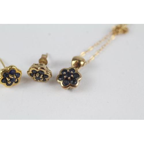 28 - 2x 9ct gold sapphire cluster necklace & stud earring set (3g)