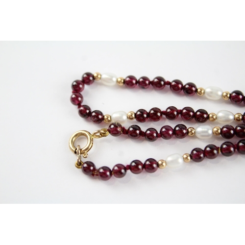 47 - 9ct gold garnet & cultured pearl bead necklace (11.9g)