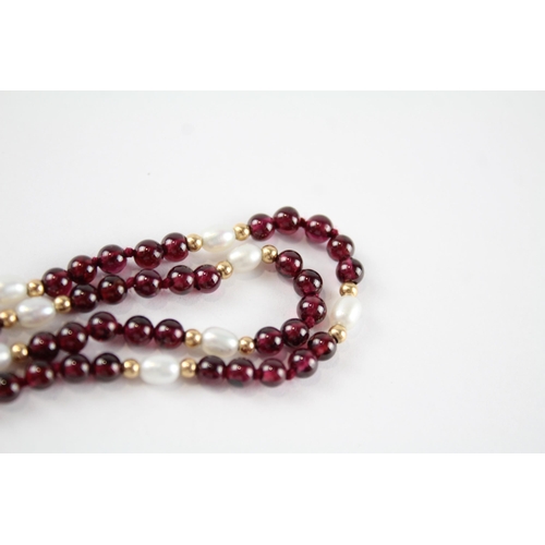 47 - 9ct gold garnet & cultured pearl bead necklace (11.9g)