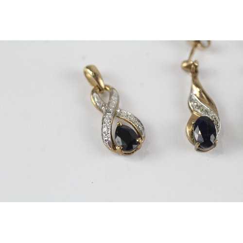 50 - 2x 9ct gold sapphire & diamond drop earrings & pendant set (2.6g)