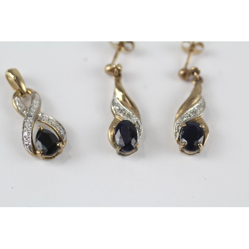 50 - 2x 9ct gold sapphire & diamond drop earrings & pendant set (2.6g)