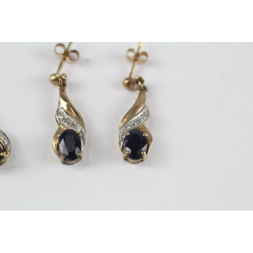 50 - 2x 9ct gold sapphire & diamond drop earrings & pendant set (2.6g)