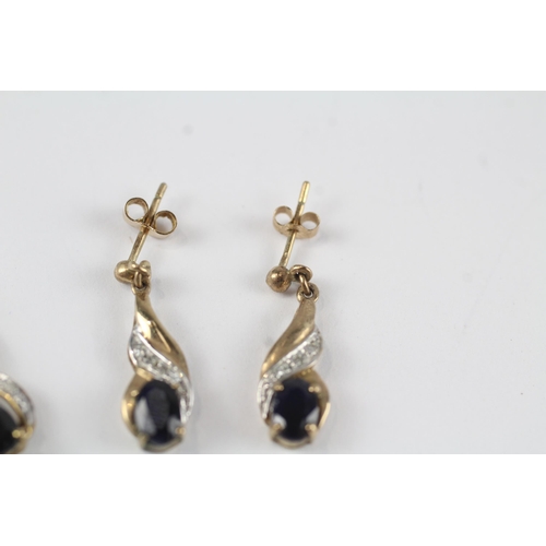 50 - 2x 9ct gold sapphire & diamond drop earrings & pendant set (2.6g)