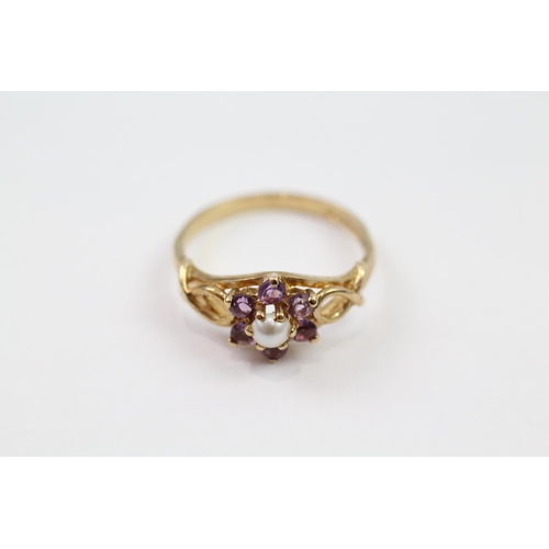 6 - 9ct gold amethyst & cultured pearl 1970's ring (2.4g) Size  O 1/2