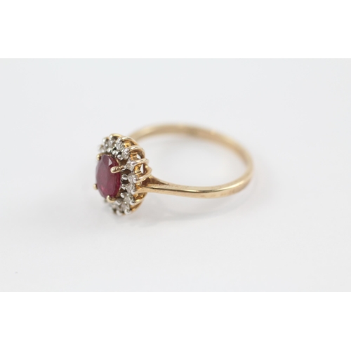 69 - 9ct gold ruby & diamond cluster ring (3g) Size  P