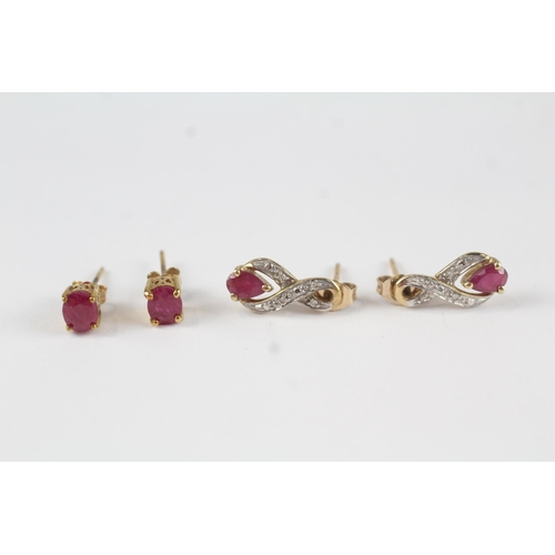 75 - 2 x 9ct gold diamond, ruby & synthetic ruby earrings (2.1g)