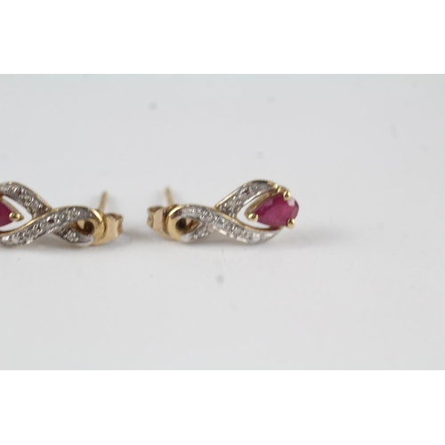 75 - 2 x 9ct gold diamond, ruby & synthetic ruby earrings (2.1g)