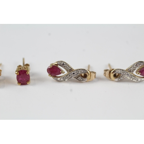 75 - 2 x 9ct gold diamond, ruby & synthetic ruby earrings (2.1g)