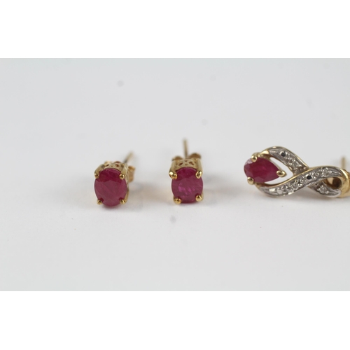 75 - 2 x 9ct gold diamond, ruby & synthetic ruby earrings (2.1g)