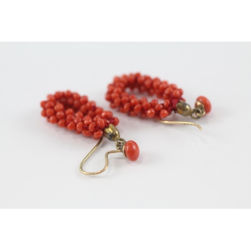 86 - 9ct gold antique bead coral drop earrings (3.8g)