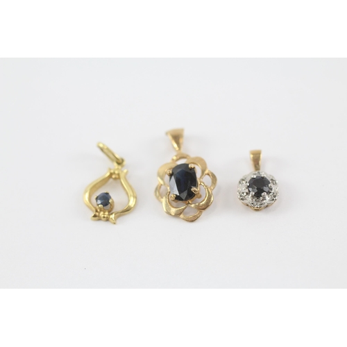 87 - 3 x 9ct gold vintage sapphire and diamond set pendants (2.2g)