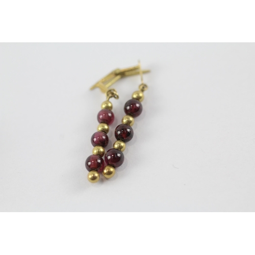 93 - 3 x 9ct gold cultured pearl, garnet, diamond, and synthetic ruby set earrings (5g)