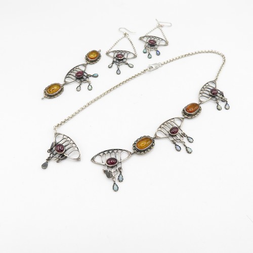 210 - Silver Art Nouveau necklace and earrings gemstone set