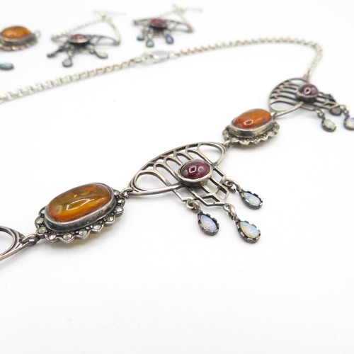 210 - Silver Art Nouveau necklace and earrings gemstone set