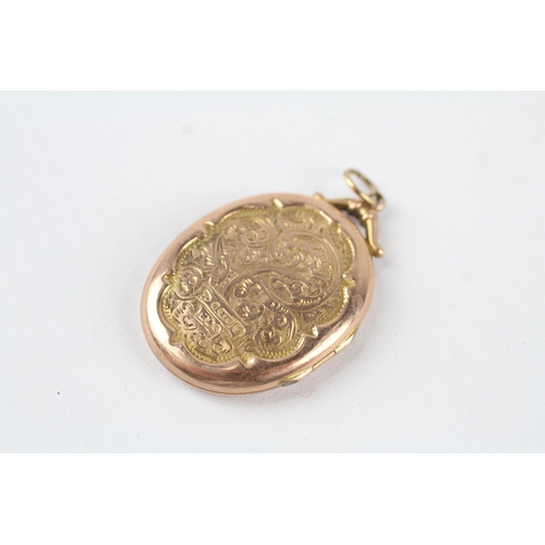 101 - 9ct rose gold antique scrolling foliate engraved oval locket (3.7g)