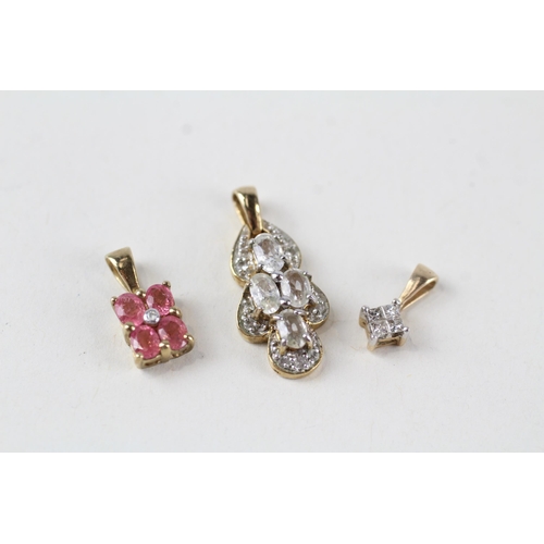 108 - 3 x 9ct gold diamond, white & pink gemstone pendants (3.8g)