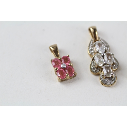 108 - 3 x 9ct gold diamond, white & pink gemstone pendants (3.8g)