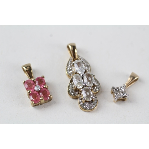 108 - 3 x 9ct gold diamond, white & pink gemstone pendants (3.8g)