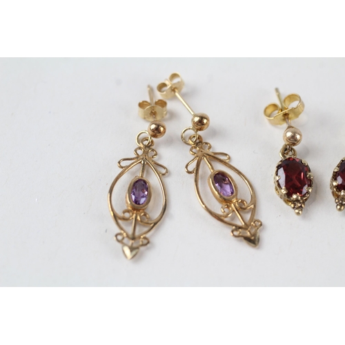 11 - 3 x 9ct gold amethyst & garnet drop earrings (4.8g)