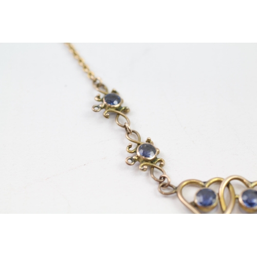 112 - 9ct gold antique synthetic sapphire & cultured pearl pendent necklace (7.1g)