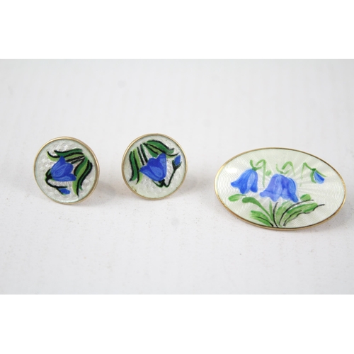 172 - Silver enamel brooch & earrings set by maker David Anderson (8g)