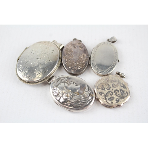 184 - Five silver locket pendants including Nouveau style (49g)