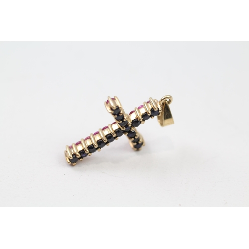 20 - 9ct gold synthetic ruby & sapphire cross pendant (2g)