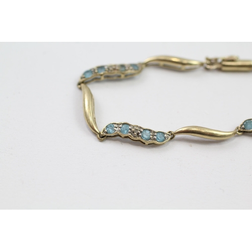 3 - 9ct gold diamond & blue topaz panel bracelet (4.9g)