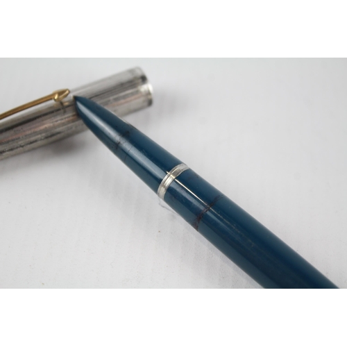 398 - Vintage PARKER 51 Teal Fountain Pen w/ Rolled Silver Cap WRITING