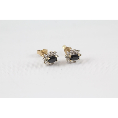 40 - 9ct gold diamond & sapphire oval cluster stud earrings (1.1g)