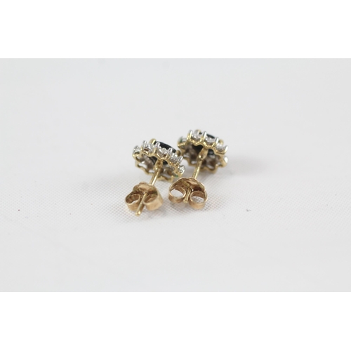 40 - 9ct gold diamond & sapphire oval cluster stud earrings (1.1g)