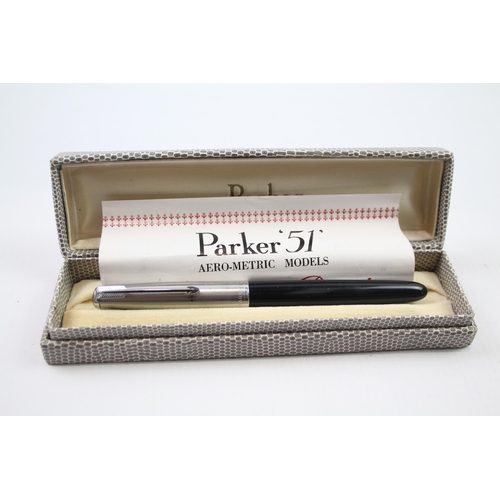 400 - Vintage PARKER 51 Black Fountain Pen w/ Brushed Steel Cap Writing Boxed