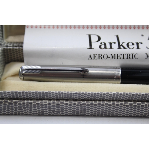 400 - Vintage PARKER 51 Black Fountain Pen w/ Brushed Steel Cap Writing Boxed