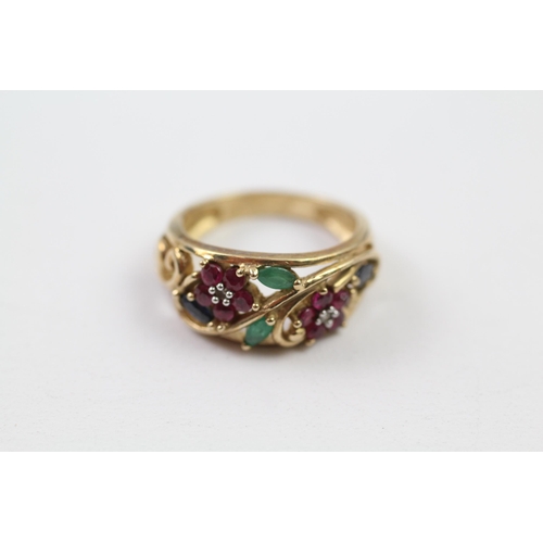 42 - 9ct gold multi-gemstone floral dress ring set with diamond, ruby, sapphire & emerald (3.8g) Size  K+... 