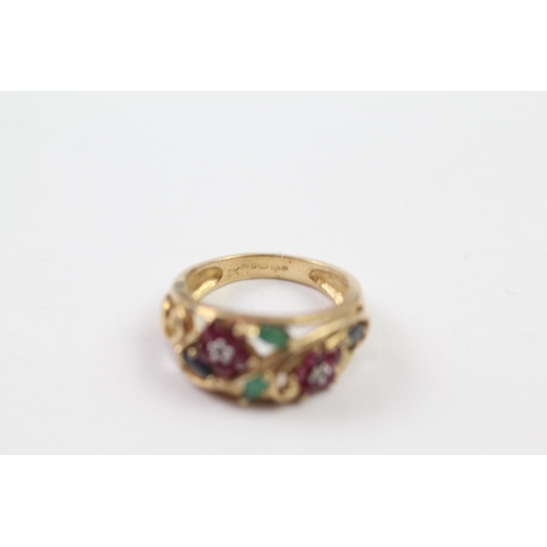 42 - 9ct gold multi-gemstone floral dress ring set with diamond, ruby, sapphire & emerald (3.8g) Size  K+... 