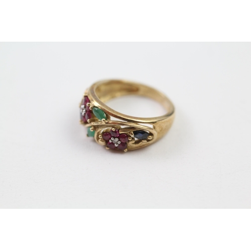 42 - 9ct gold multi-gemstone floral dress ring set with diamond, ruby, sapphire & emerald (3.8g) Size  K+... 