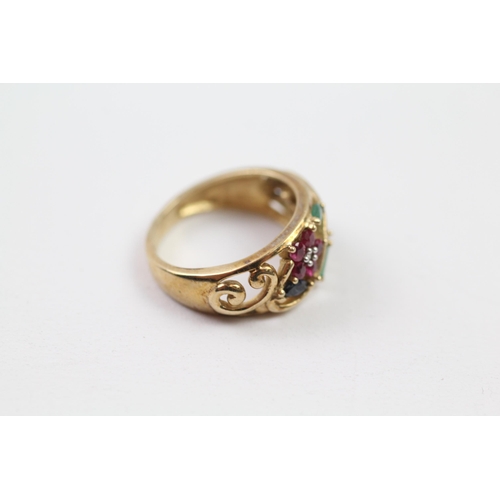 42 - 9ct gold multi-gemstone floral dress ring set with diamond, ruby, sapphire & emerald (3.8g) Size  K+... 